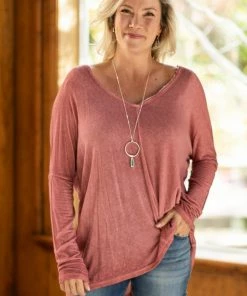 L Love LONG SLEEVES Wine Washed V-Neck Long Sleeve Top