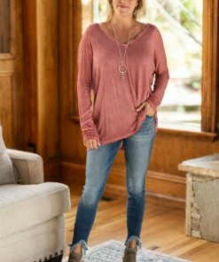 L Love LONG SLEEVES Wine Washed V-Neck Long Sleeve Top