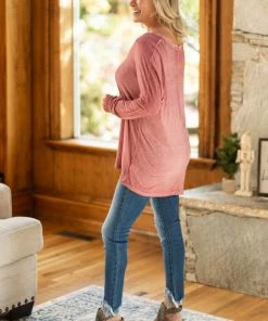 L Love LONG SLEEVES Wine Washed V-Neck Long Sleeve Top
