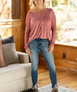 L Love LONG SLEEVES Wine Washed V-Neck Long Sleeve Top