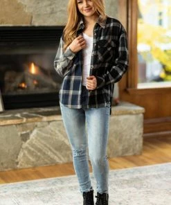 Mittoshop LONG SLEEVES Navy And Taupe Mixed Plaid Button Up Top
