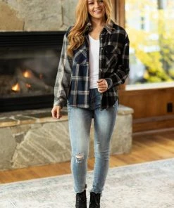 Mittoshop LONG SLEEVES Navy And Taupe Mixed Plaid Button Up Top