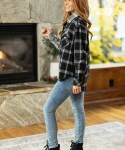 Mittoshop LONG SLEEVES Navy And Taupe Mixed Plaid Button Up Top