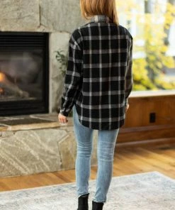 Mittoshop LONG SLEEVES Navy And Taupe Mixed Plaid Button Up Top