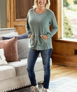 Staccato Olive Heathered Top With Kangaroo Pocket LONG SLEEVES