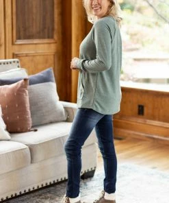 Staccato Olive Heathered Top With Kangaroo Pocket LONG SLEEVES