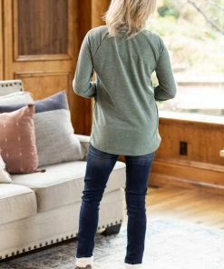 Staccato Olive Heathered Top With Kangaroo Pocket LONG SLEEVES