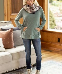 Staccato Olive Heathered Top With Kangaroo Pocket LONG SLEEVES