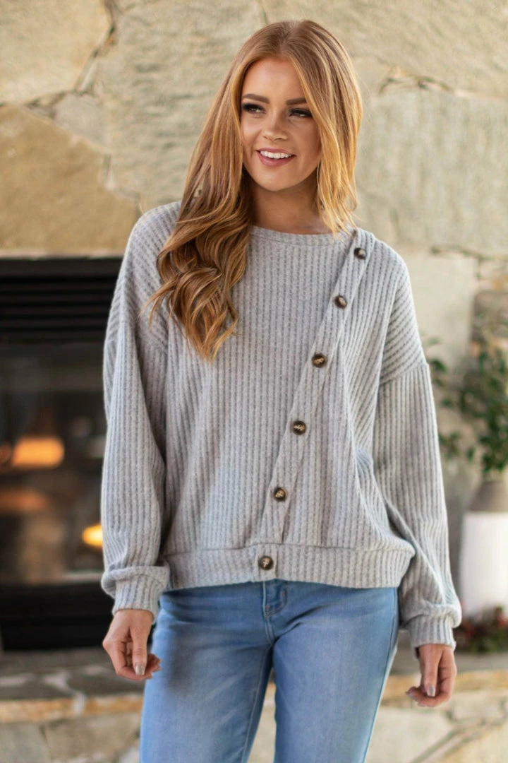 Gilli LONG SLEEVES Grey Waffle Knit Long Sleeve Top With Buttons 3 Gilli LONG SLEEVES Grey Waffle Knit Long Sleeve Top With Buttons