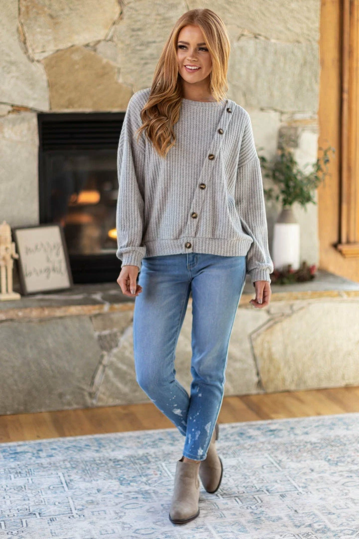 Gilli LONG SLEEVES Grey Waffle Knit Long Sleeve Top With Buttons 4 Gilli LONG SLEEVES Grey Waffle Knit Long Sleeve Top With Buttons