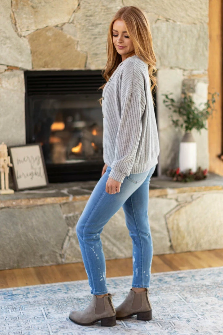 Gilli LONG SLEEVES Grey Waffle Knit Long Sleeve Top With Buttons 6 Gilli LONG SLEEVES Grey Waffle Knit Long Sleeve Top With Buttons