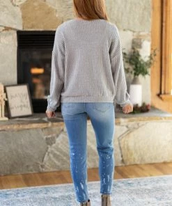 Gilli LONG SLEEVES Grey Waffle Knit Long Sleeve Top With Buttons 12 Gilli LONG SLEEVES Grey Waffle Knit Long Sleeve Top With Buttons