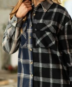 Mittoshop LONG SLEEVES Navy And Taupe Mixed Plaid Button Up Top
