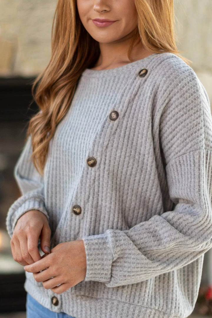 Gilli LONG SLEEVES Grey Waffle Knit Long Sleeve Top With Buttons 8 Gilli LONG SLEEVES Grey Waffle Knit Long Sleeve Top With Buttons