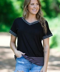 Blumin Apparel Tops Black And White Stripe Trim V-Neck Top