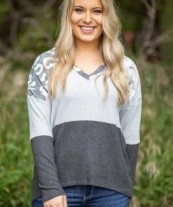 ADORA LONG SLEEVES Grey Animal Print Brushed Knit Hoodie