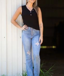 Twenty Second Black Rib Knit Tank With Button Detail