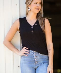 Twenty Second Black Rib Knit Tank With Button Detail