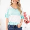 Hailey And Co Turquoise And White Colorblock V-Neck Top SHORT SLEEVES