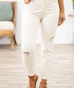 Rewash Bottoms Cream Distressed Straight Leg Ankle Jeans