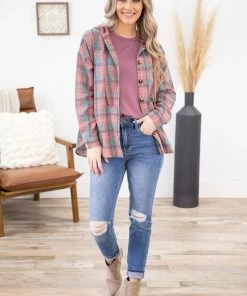 Jodifl Mauve Multicolor Hooded Button Down Flannel