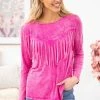 BLUE BUTTERCUP LONG SLEEVES Hot Pink Mineral Wash Long Sleeve Fringe Top