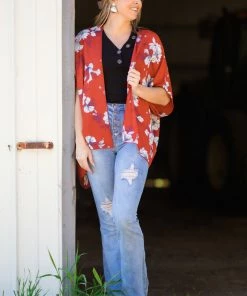 IJoah Cranberry Multicolor Floral Print Kimono Tops