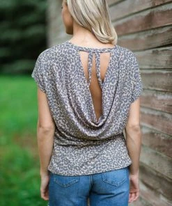 Twenty Second Tan And Charcoal Animal Print Drape Back Top Tops
