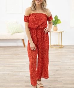Hayden Red Ditsy Floral Off The Shoulder Jumpsuit Dresses