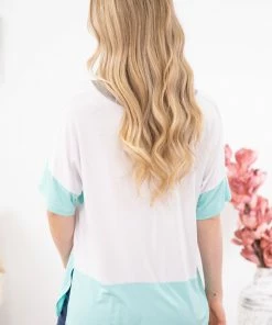 Hailey And Co Turquoise And White Colorblock V-Neck Top SHORT SLEEVES