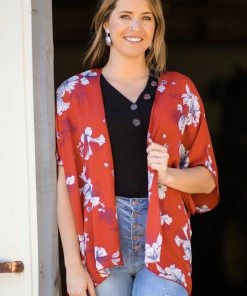 IJoah Cranberry Multicolor Floral Print Kimono Tops