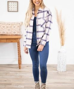 Blu Pepper Outerwear Navy And Ivory Plaid Shacket With Pockets