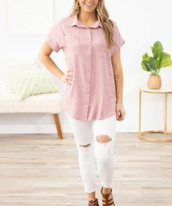 Zenana Blush Textured Cuff Sleeve Button Up Top Tops