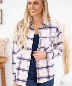 Blu Pepper Outerwear Navy And Ivory Plaid Shacket With Pockets