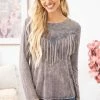 BLUE BUTTERCUP Grey Mineral Wash Long Sleeve Fringe Top LONG SLEEVES