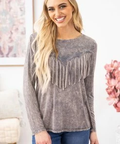 BLUE BUTTERCUP Grey Mineral Wash Long Sleeve Fringe Top LONG SLEEVES