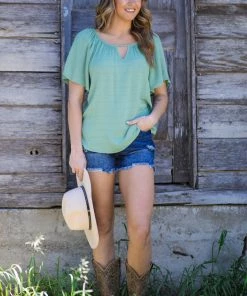 Staccato Sage Textured Top With Keyhole Tops