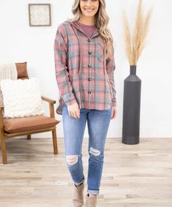 Jodifl Mauve Multicolor Hooded Button Down Flannel