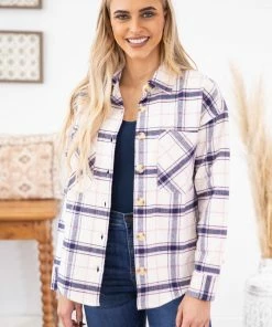 Blu Pepper Outerwear Navy And Ivory Plaid Shacket With Pockets