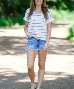 Summer 10 White And Blue Stripe Cuffed Sleeve Top Tops