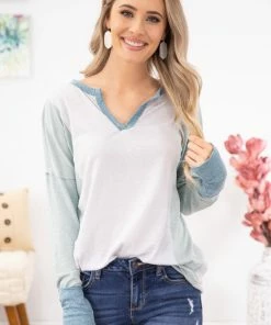 BIBI Teal And Turquoise Colorblock Top