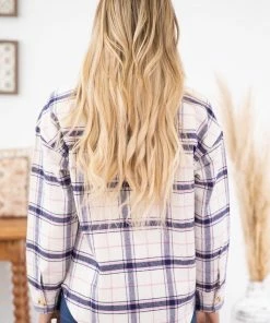 Blu Pepper Outerwear Navy And Ivory Plaid Shacket With Pockets