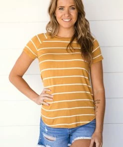 Perfect Peach Mustard And White Stripe Top Tops