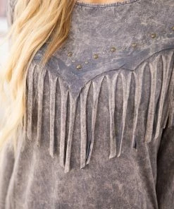 BLUE BUTTERCUP Grey Mineral Wash Long Sleeve Fringe Top LONG SLEEVES
