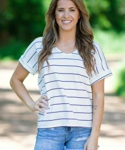 Summer 10 White And Blue Stripe Cuffed Sleeve Top Tops