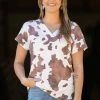 Melon Mocha And White Cow Print V-Neck Top 1 Melon Mocha And White Cow Print V-Neck Top