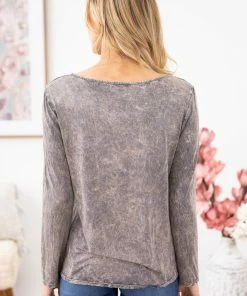BLUE BUTTERCUP Grey Mineral Wash Long Sleeve Fringe Top LONG SLEEVES