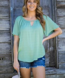 Staccato Sage Textured Top With Keyhole Tops
