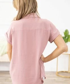 Zenana Blush Textured Cuff Sleeve Button Up Top Tops