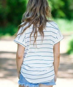 Summer 10 White And Blue Stripe Cuffed Sleeve Top Tops